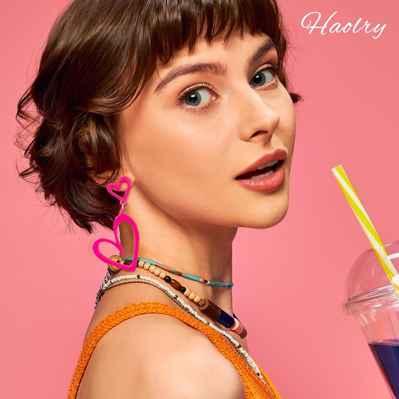 HOLYRY Neon Heart Earrings for Women Acrylic Neon Earrings 80s 90s Outfit for Women Glow Party Accessories Gifts Hot Pink Orange Green Yellow - Image 4
